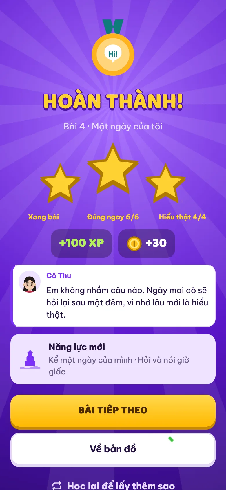 Màn hoàn thành bài với ba ngôi sao, XP và xu