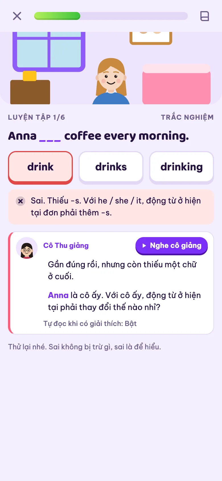 Chọn sai đáp án, Cô Thu giảng bằng tiếng Việt