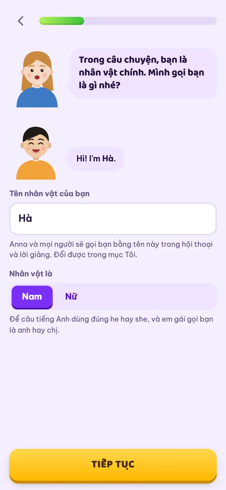 Chọn tên và giới tính cho nhân vật chính