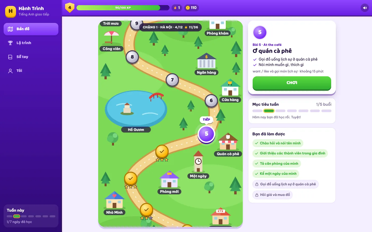 App trên máy tính: bản đồ Hà Nội và thẻ bài tiếp theo